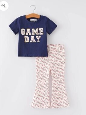 Girls Navy 'Game Day' Set with Cream Heart-Print Pants